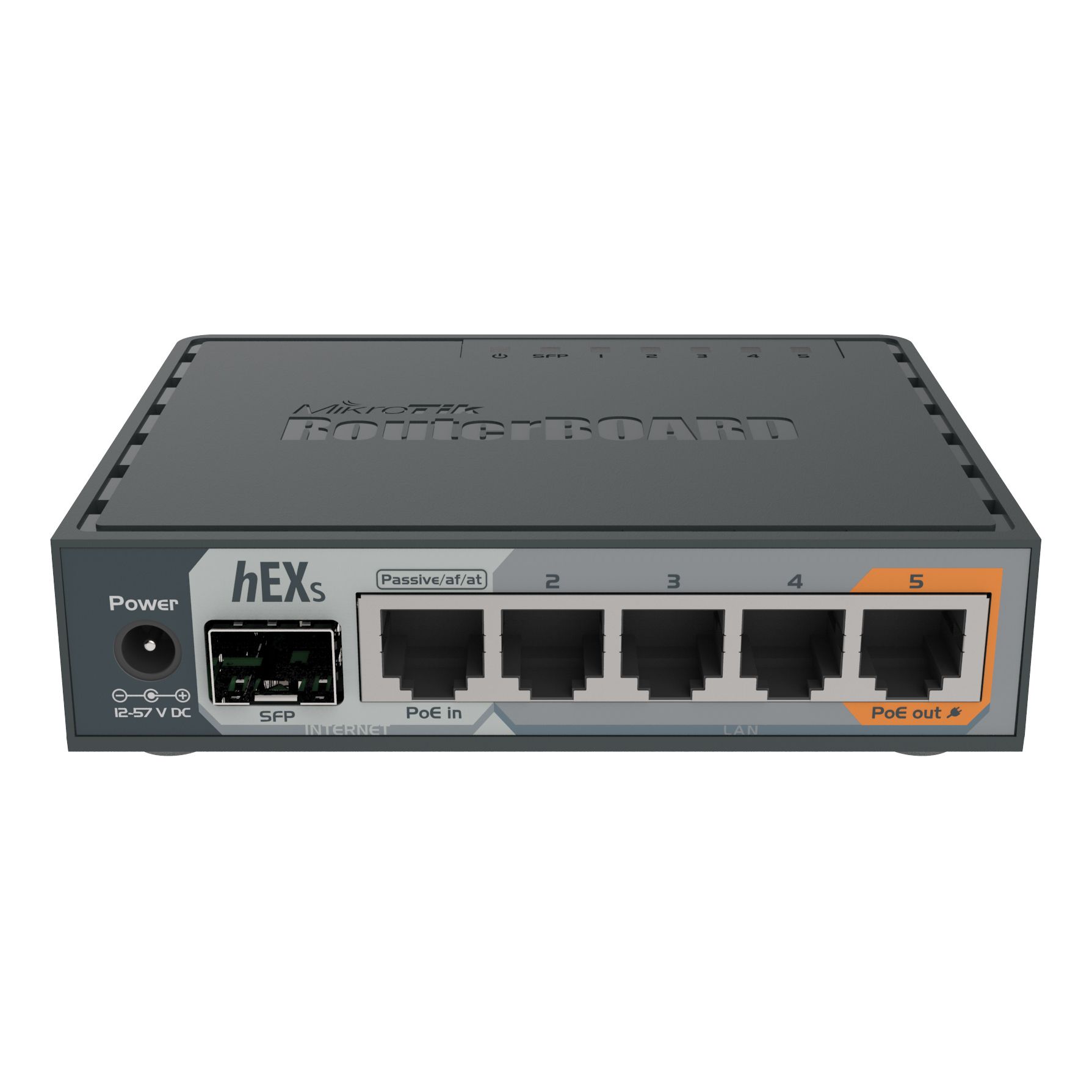 hEX S mit Dual Core 880 MHz CPU, 256 MB RAM, 5 Gbit LAN, 1 SFP Port, PoE Out
