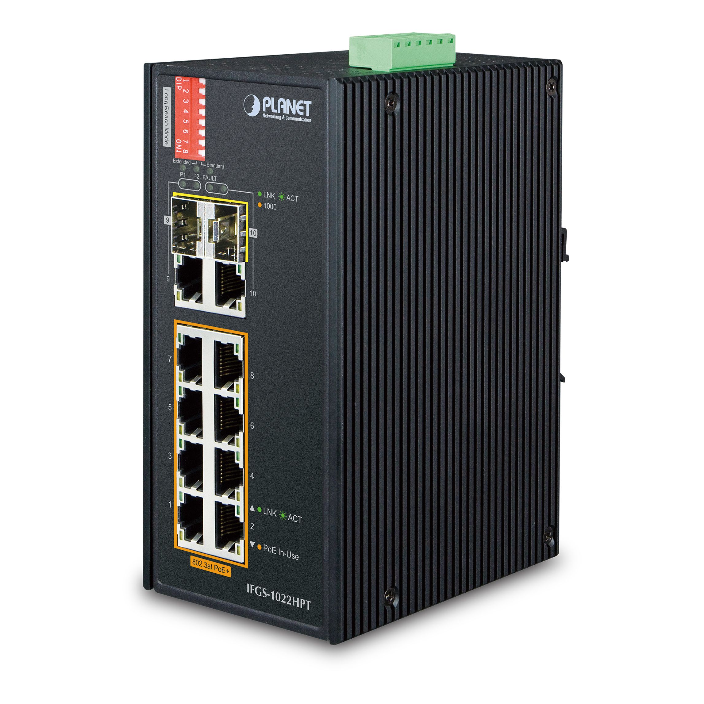 Industrial 8-Port 10/100Mb + 2-Port Gbit 802.3af/at + 2x SFP Switch, IP30 Industrial 8-Port 10/100Mb + 2-Port Gbit 802.3af/at + 2x SFP Switch, IP30