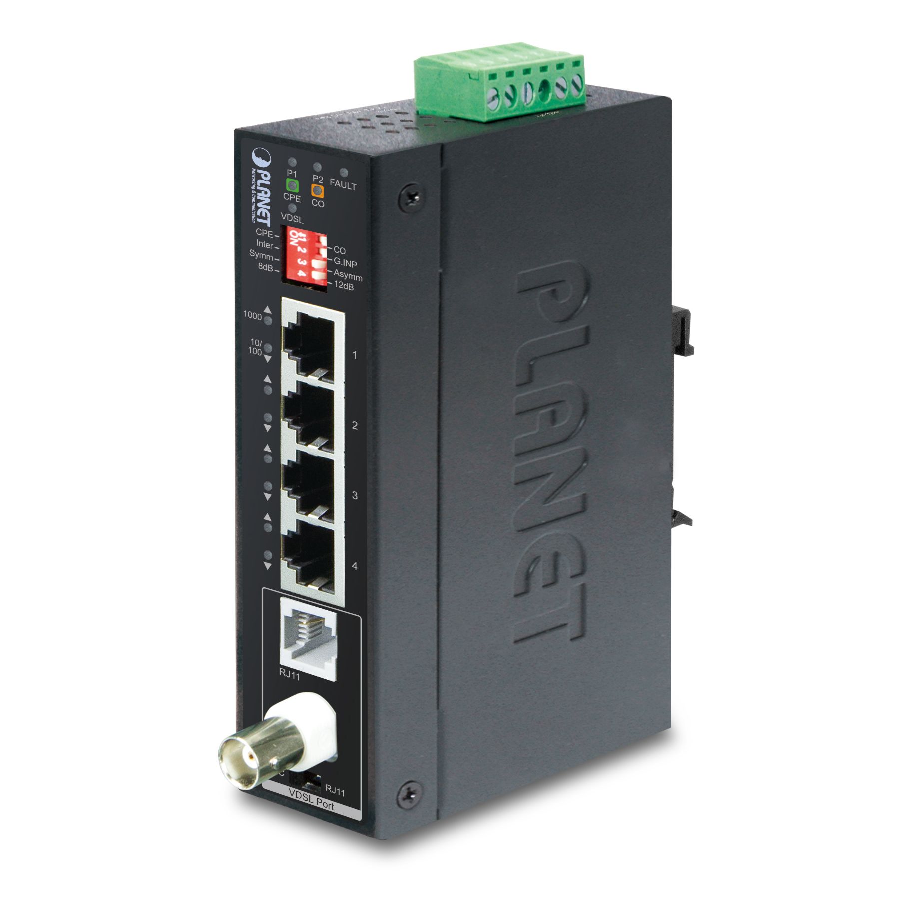 IP30 Industrial 1-Port BNC/RJ11 to 4-Port Gigabit Ethernet Extender