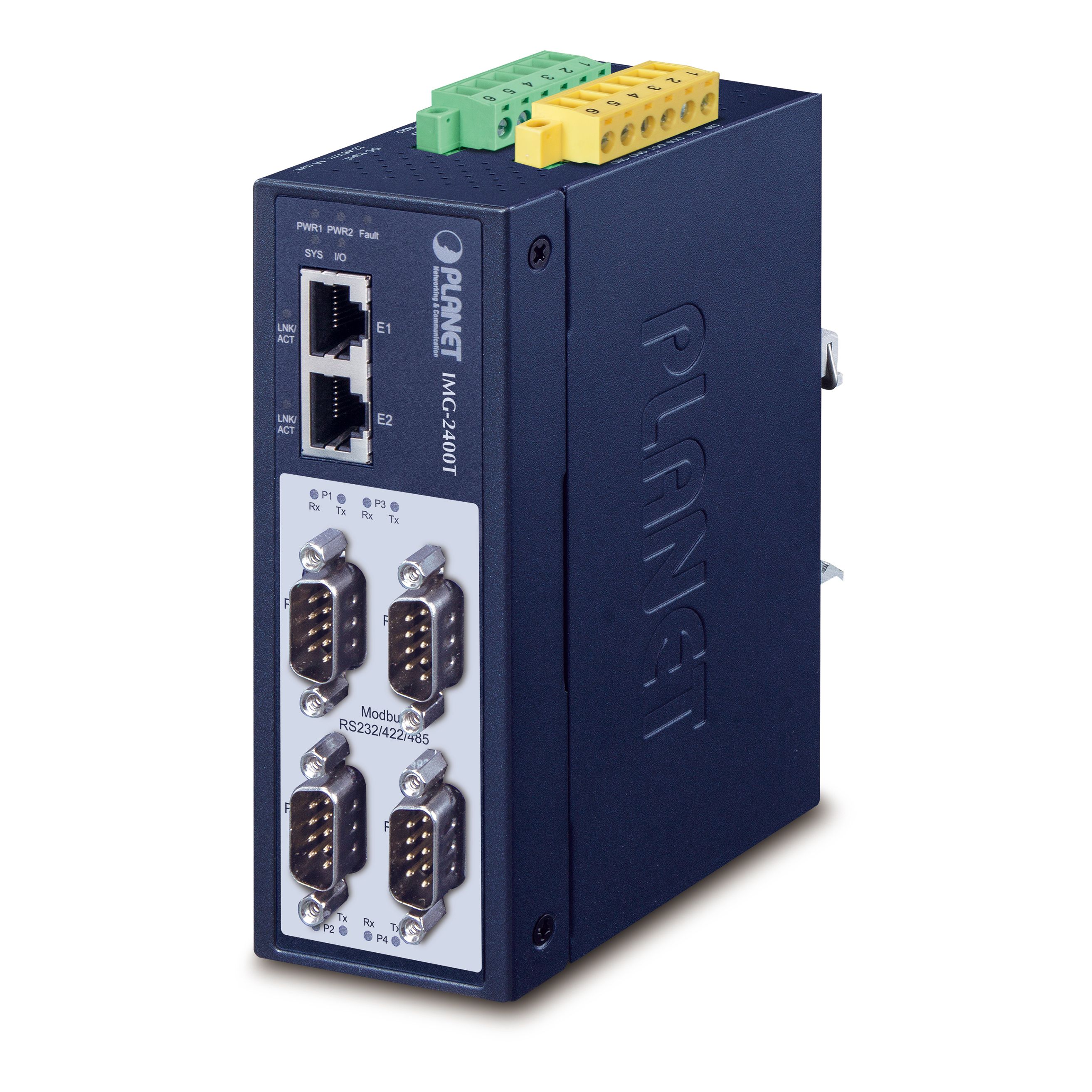 IP30 Industrial 4-Port RS232/422/485 Modbus Gateway, 2x DI, 2x DO