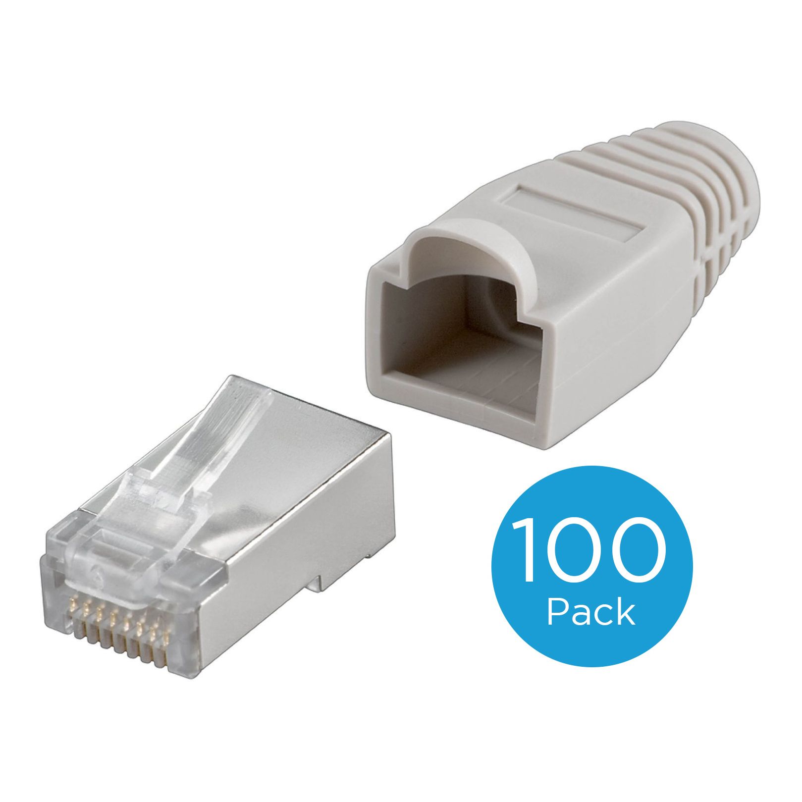 Modularstecker RJ45 (8-Pole / 8-Kontakte), geschirmt, mit Tülle, grau, 100er-Pkg