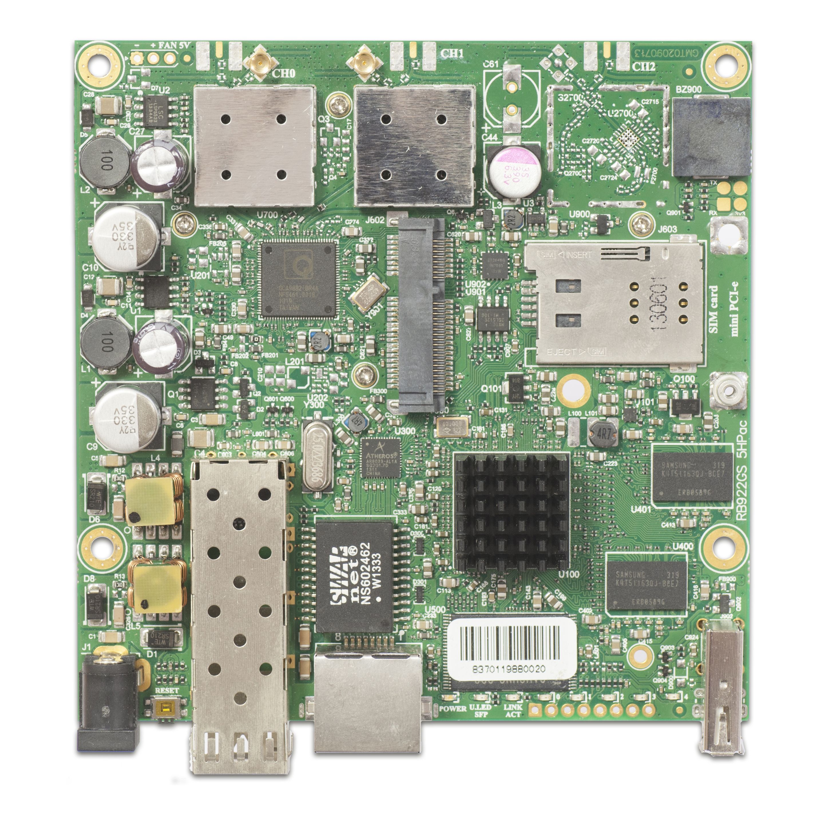 RB922UAGS-5HPacD mit 720MHz Atheros CPU, 128MB, 1xGbit, USB, 1xSFP, miniPCe, SIM